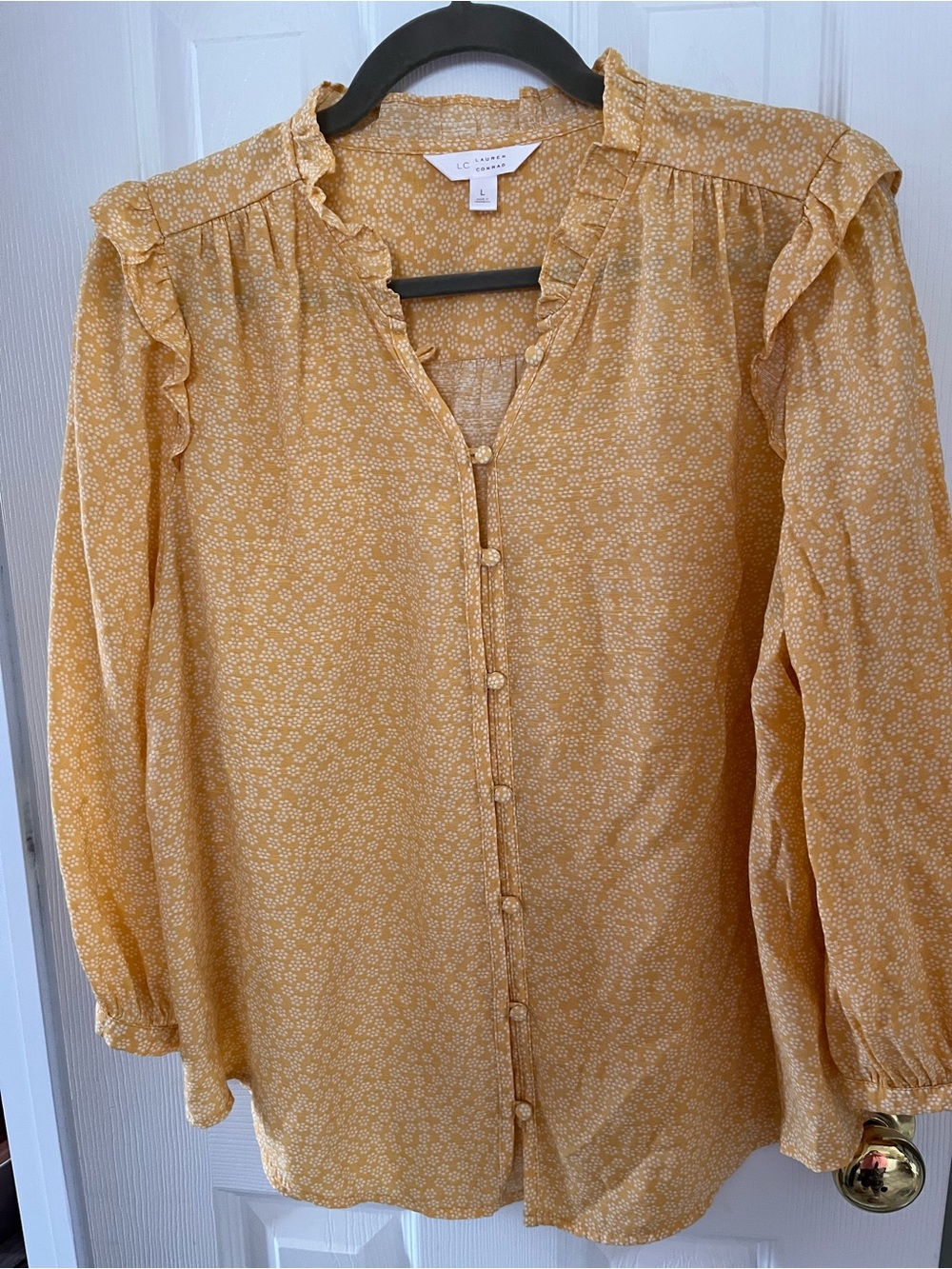 Boho LC Lauren Conrad Mustard Yellow Floral Ruffle Button-Up Blouse Sz L